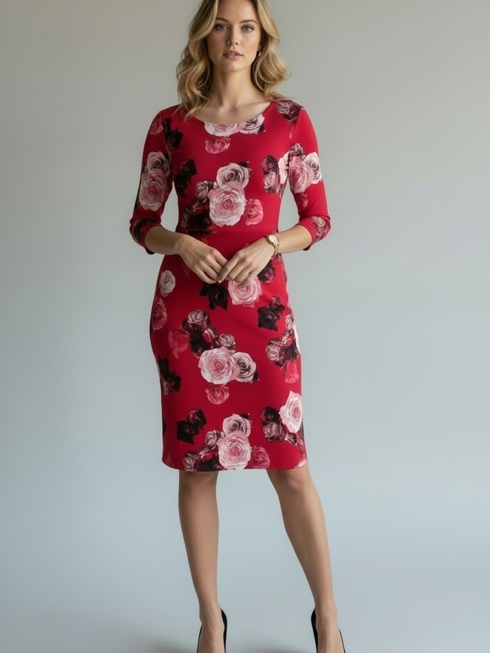 WHBM Reversable Red Floral Sheath Dress with Three-Quarter Sleeves